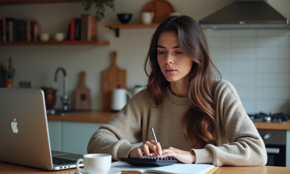 Jeune femme concentrée avec calculatrice dans une cuisine chaleureuse