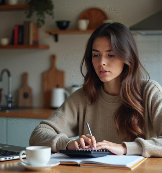 Jeune femme concentrée avec calculatrice dans une cuisine chaleureuse