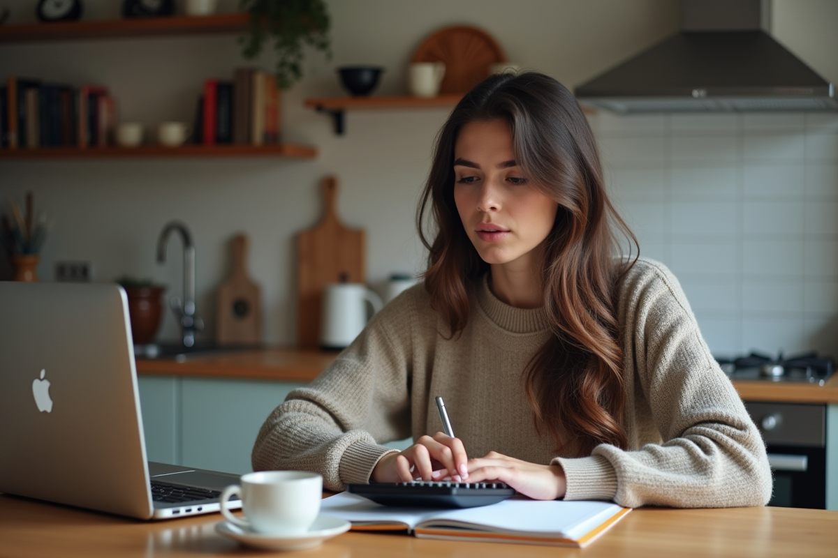 Jeune femme concentrée avec calculatrice dans une cuisine chaleureuse