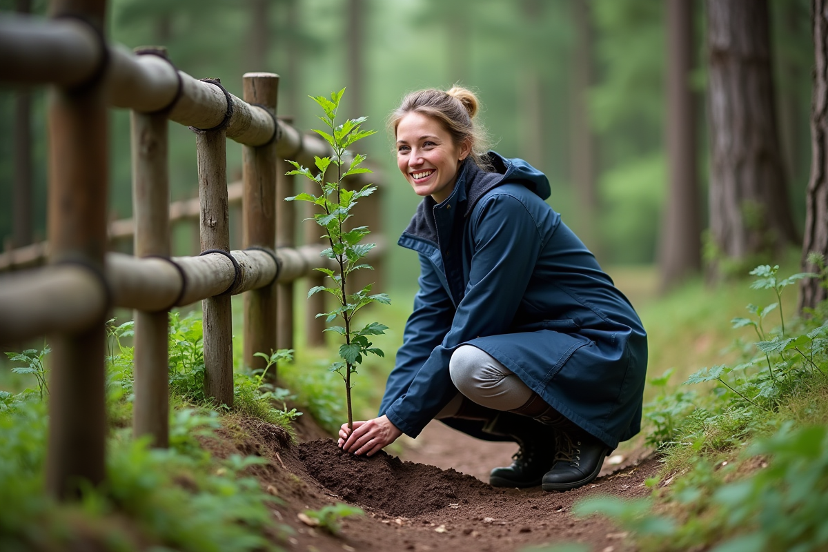 Jeune femme plante un arbre dans la forêt en portant un imperméable bleu