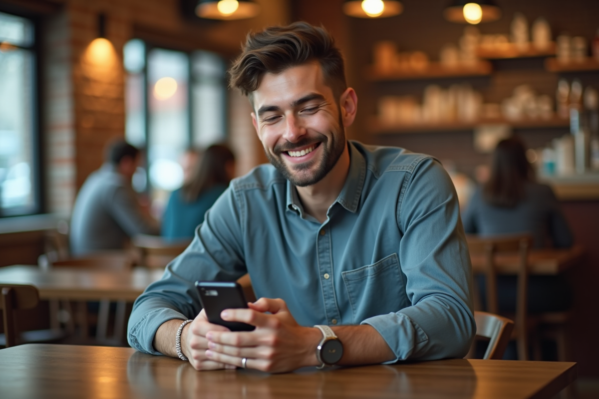 Jeune homme utilisant une carte virtuelle au café