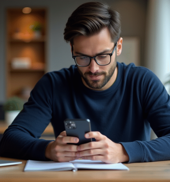 Jeune homme regardant son smartphone avec portefeuille crypto