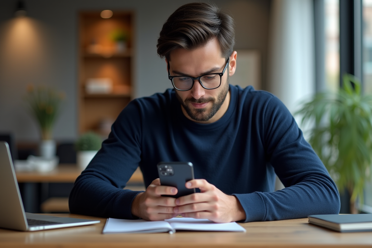Jeune homme regardant son smartphone avec portefeuille crypto
