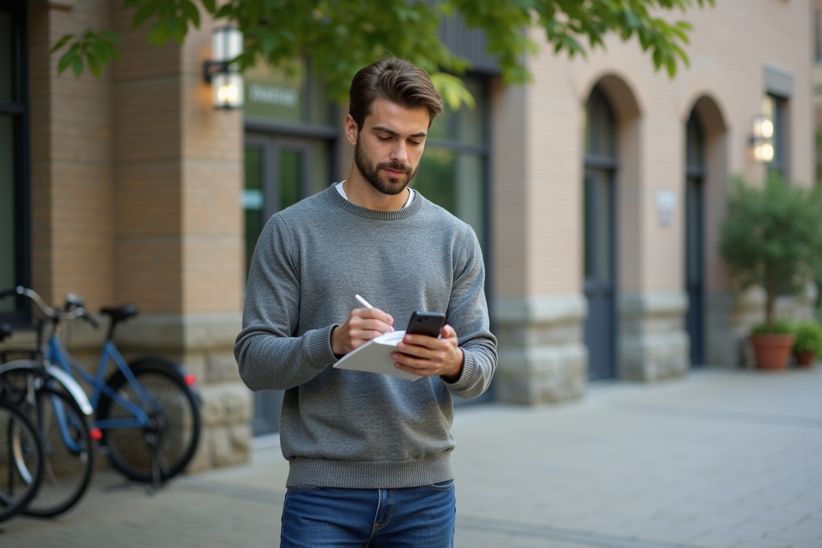 Jeune homme dehors note sur son smartphone près d