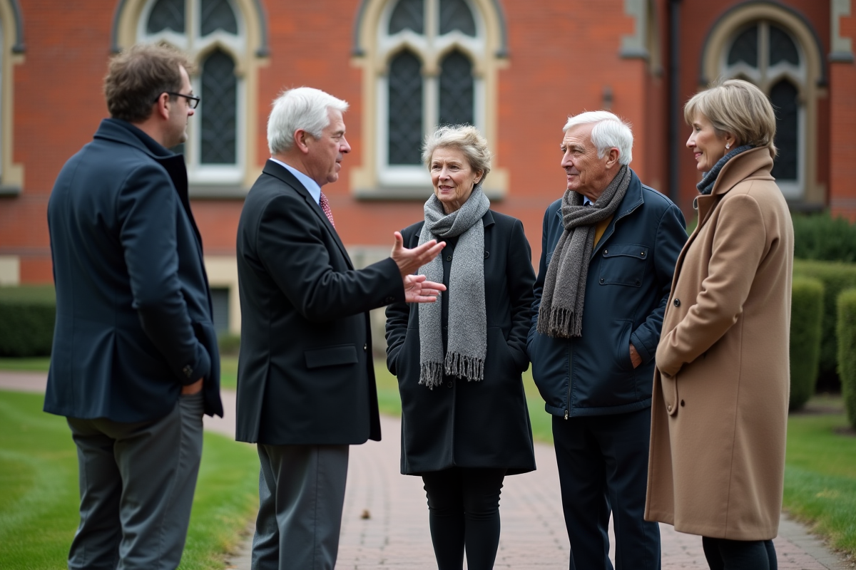 Groupe de fonctionnaires municipaux discutant devant la mairie