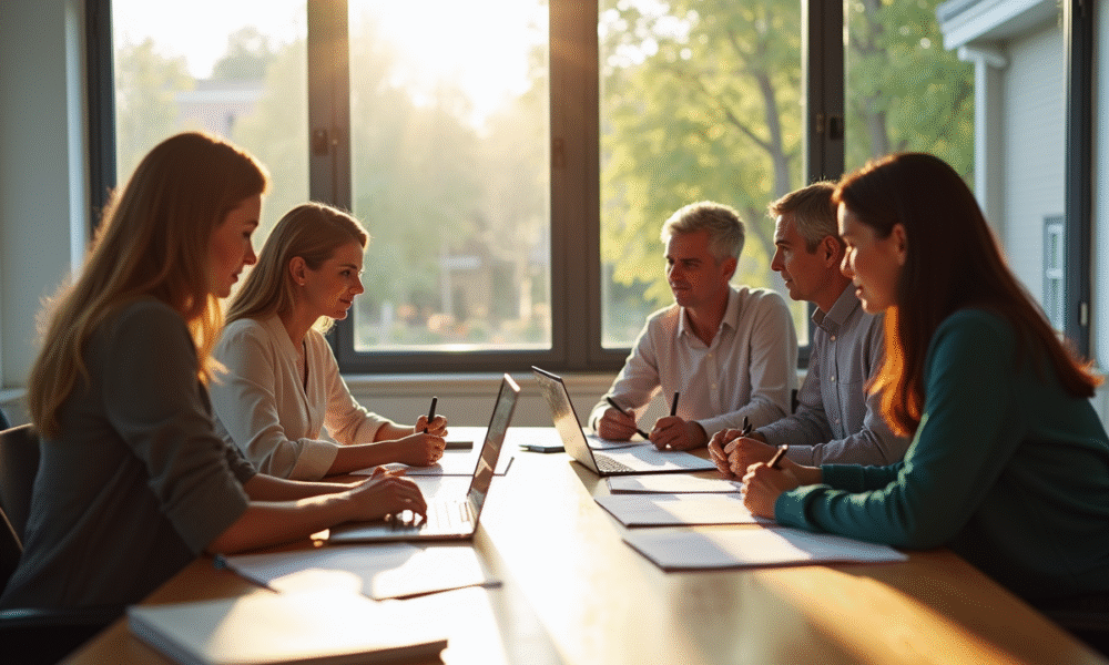 Groupe d'enseignants dans une salle lumineuse discutant de pension