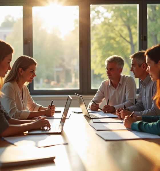 Groupe d'enseignants dans une salle lumineuse discutant de pension