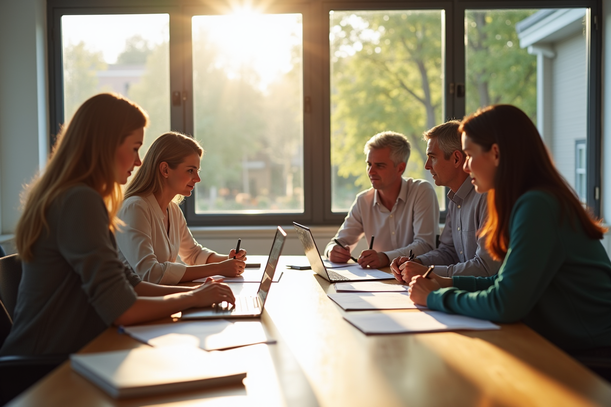 Groupe d'enseignants dans une salle lumineuse discutant de pension