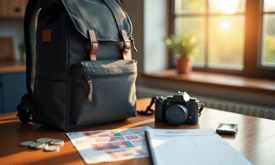 Sac à dos de voyage et caméra sur une table en bois avec devises étrangères