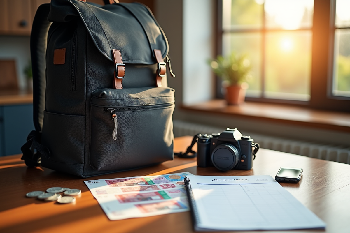 Sac à dos de voyage et caméra sur une table en bois avec devises étrangères