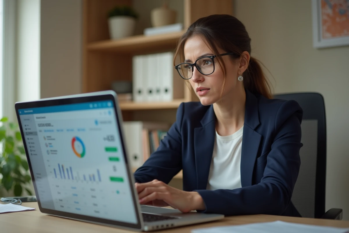 Femme analysant la sécurité de ses données financières en ligne sur un ordinateur portable dans un bureau moderne