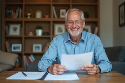 Homme senior souriant vérifiant ses documents de retraite