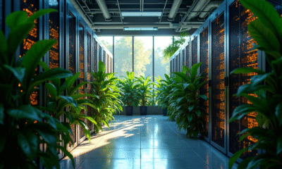 Salle serveurs moderne avec rigs de minage blockchain et plantes vertes