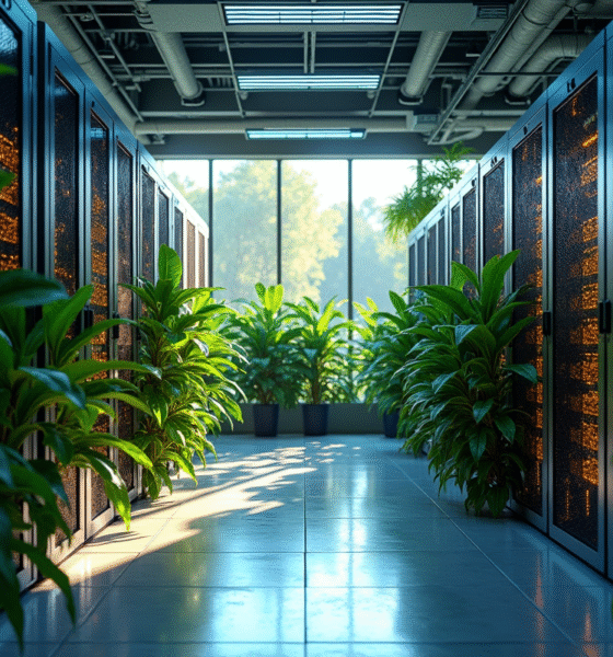 Salle serveurs moderne avec rigs de minage blockchain et plantes vertes