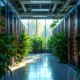 Salle serveurs moderne avec rigs de minage blockchain et plantes vertes