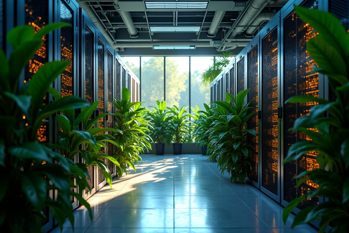Salle serveurs moderne avec rigs de minage blockchain et plantes vertes