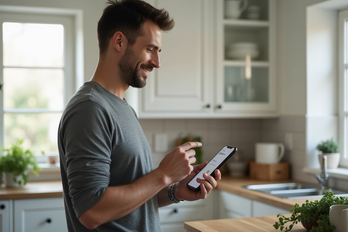 Homme vérifiant la sécurité d'un paiement en ligne sur son smartphone dans un environnement domestique